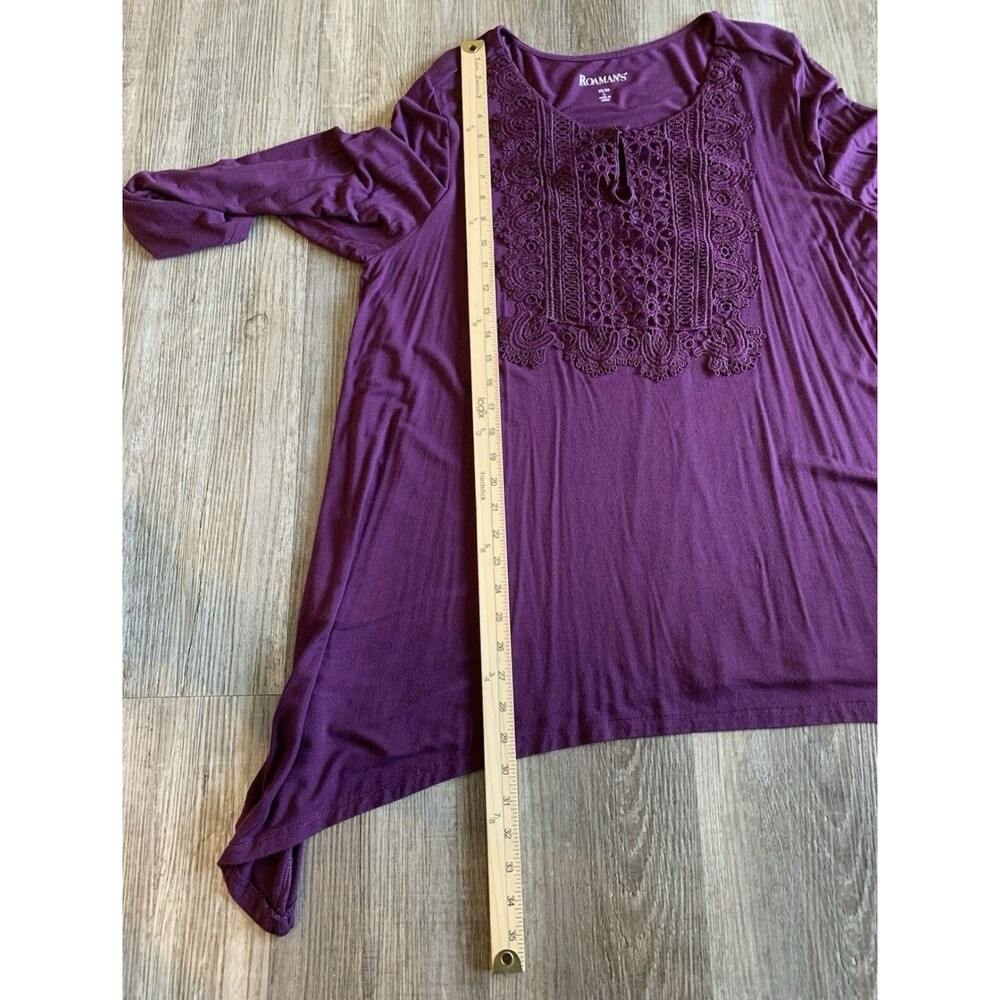 Roaman Purple Plum Lace Crochet Front Long Sleeve Keyhole Tunic Top Blouse 18/20 - Picture 7 of 10